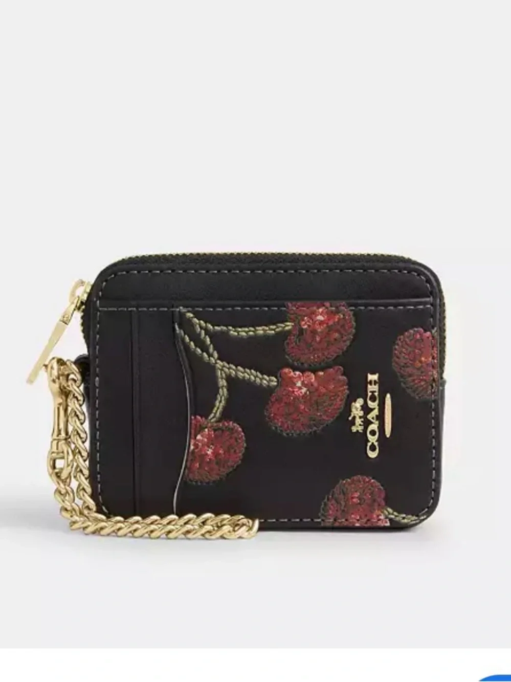 Coach cherry print zip card case new black gold hardware